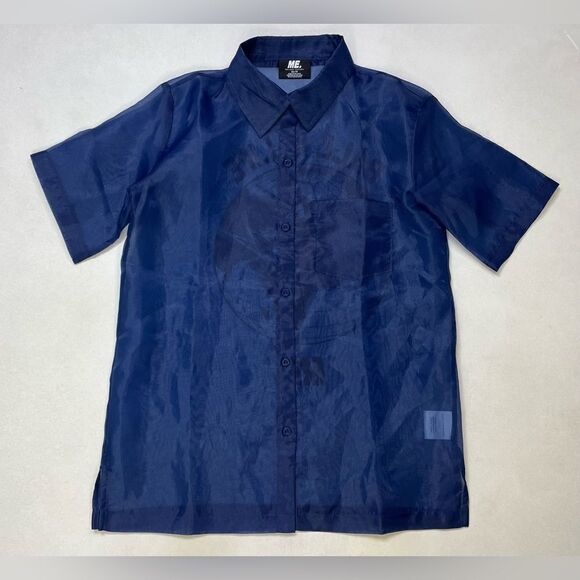 Melody Ehsani ME Button Up Mesh Shirt Women XS Blue Short Sleeve - Picture 3 of 7